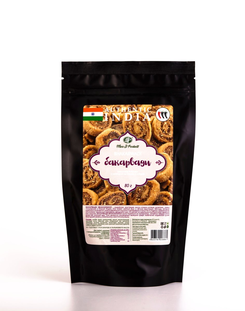 Бакарвади (пикантные рулетики с начинкой из граната и специй) / Bhakarwadi / 80 г / Marc Ji Products®